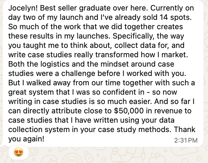 Jana: 14 spots sold on day two and ~$50,000 from case studies